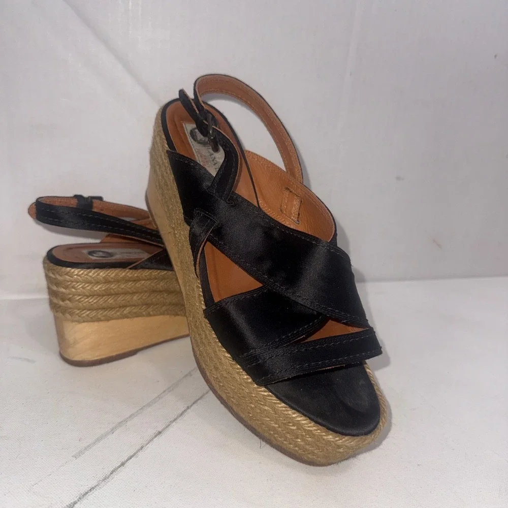 Vintage Y2K Lanvin Black Leather Platform Wood Jute Espadrille Wedge Shoes 40
